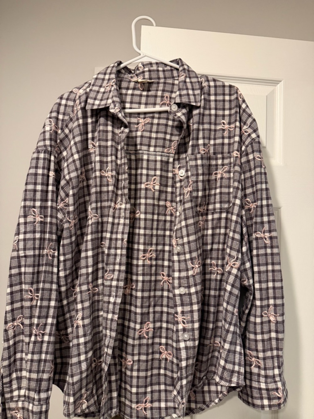Aeropostale Gray and White Plaid Button-Down Shirt with Pink Bow Accents